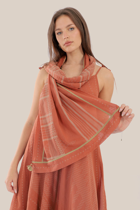 Printed cotton scarf with fabric tassels